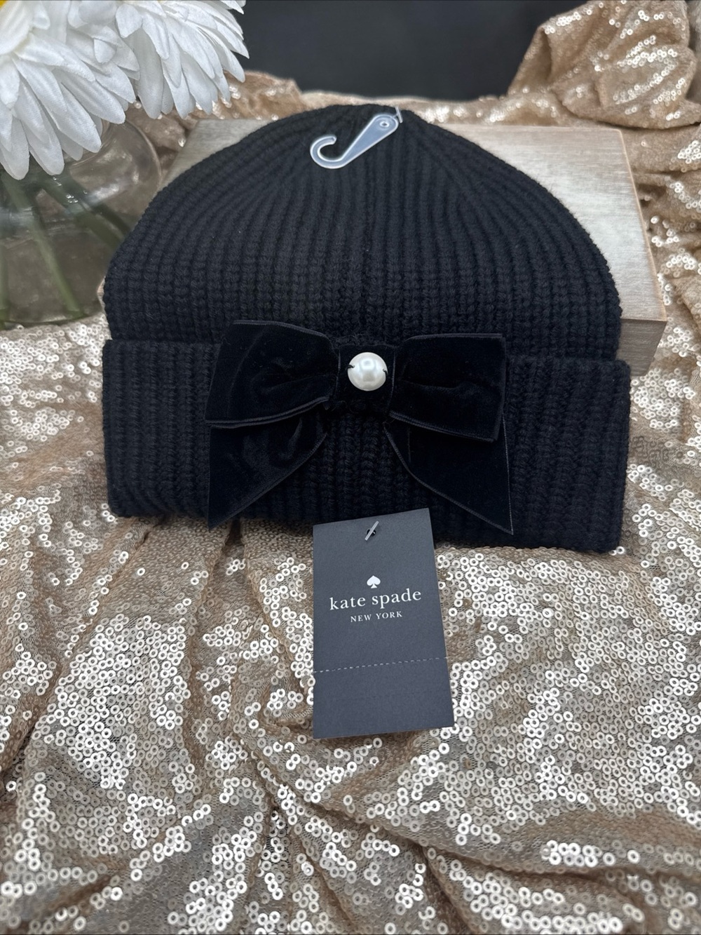 kate spade black velvet bow beanie with pearl
